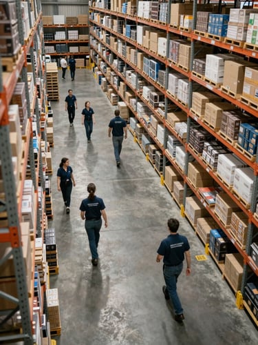 Wide environmental shot of an active warehouse picking floor from above-right angle, staff moving product along populated racking aisles, overhead industrial lighting casting natural shadows across concrete floor, no eye contact with camera