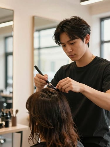 A close-up of a stylist confidently styling a client's hair in a warm, bright modern salon, natural window highlights, 35mm photography
