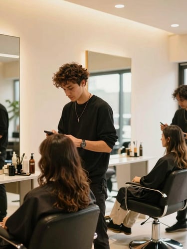 A warm, bright modern salon interior with stylists confidently at work, natural window highlights, 35mm photography