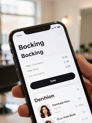 A close-up of a modern smartphone screen displaying a sleek booking confirmation page, held by a customer inside a bright, stylish hair salon with warm window light, 35mm photography.