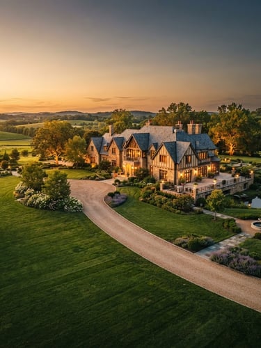 Wide panoramic view of Divine Farms estate grounds at golden hour, manicured lawns, elegant architectural facade, soft warm twilight, cinematic wide-angle, shallow depth of field, 35mm