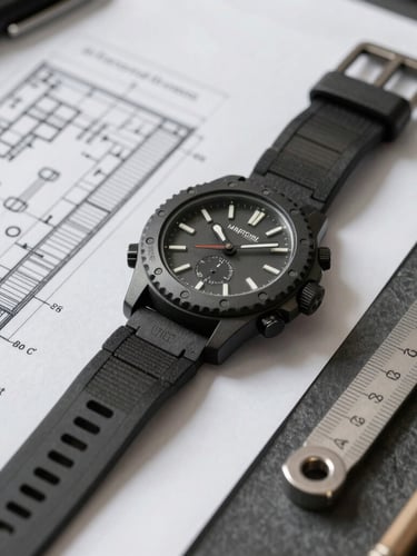 Tight macro shot of a commercial facility blueprint next to a rugged tactical watch and clean measuring tools on a slate desk, neutral bright lighting.