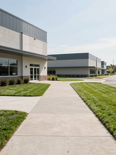 Wide architectural shot of a modern, expansive commercial facility exterior with immaculate concrete walkways and perfectly edged green lawns, captured under bright, neutral midday daylight.