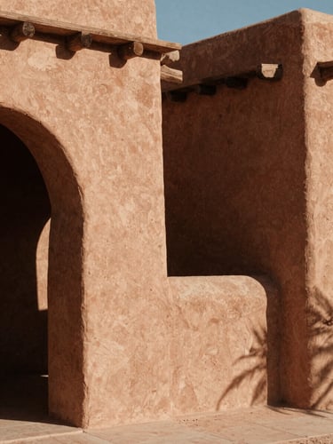 Rustic architectural details of Finca Akasha, warm editorial photography, harsh desert sunlight, deep shadows, earthy terracotta tones, 35mm film