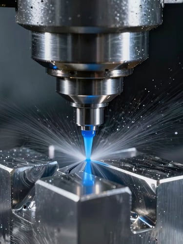 Macro close-up of a high-precision CNC milling machine cutting a steel block, bright blue coolant fluid spraying, sharp metallic textures, dramatic industrial lighting