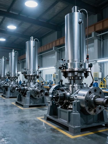 Wide panoramic view of a modern heavy industrial machine shop, clean floors, massive steel hydraulic components in assembly, dramatic overhead blue-toned workshop lighting