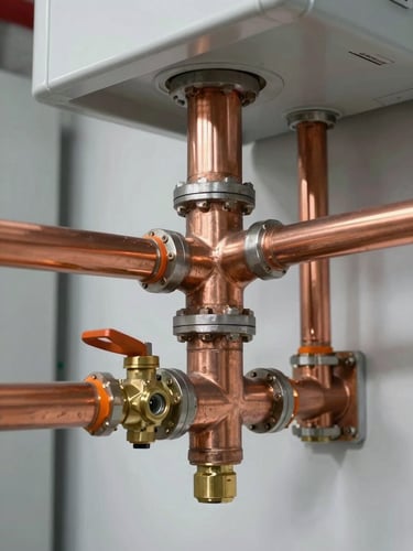 Crisp architectural close-up of pristine copper piping welds and brass valves inside a clean modern mechanical room, sharp focus, 35mm.