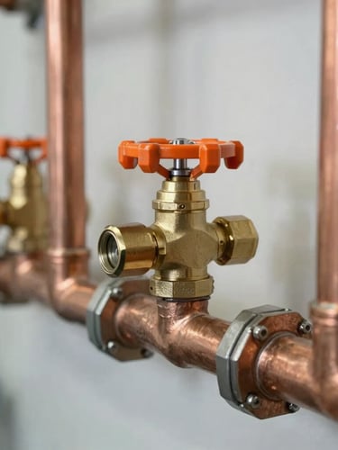 Macro detail of clean copper piping runs and brass valves in a pristine mechanical room, sharp focus, 35mm.