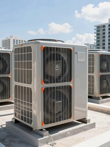 Crisp architectural photography of high-end rooftop commercial HVAC installations in Miami, bright South Florida daylight, sharp focus, 35mm