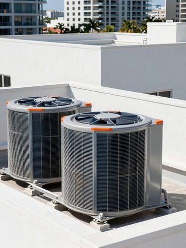 Crisp architectural photography of a modern commercial rooftop HVAC installation in Miami, bright South Florida daylight, clean metallic lines, sharp focus, 35mm