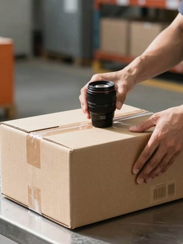 crisp industrial photography, bright natural warehouse daylight, hands carefully applying a barcode to a cardboard box on a clean metal table, sharp focus, 35mm lens