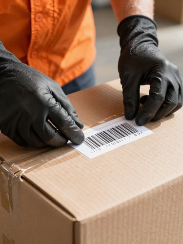 Crisp industrial photography, medium close-up of gloved hands carefully applying a barcode label to a clean cardboard shipping box, bright natural warehouse lighting