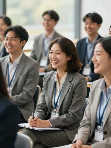 Medium shot of a diverse group of corporate professionals laughing together during an outdoor workshop, warm natural daylight, authentic smiles, shallow depth of field.