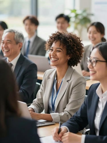 Diverse corporate professionals laughing during a collaborative outdoor workshop, bright natural daylight, warm energetic tones, shallow depth of field
