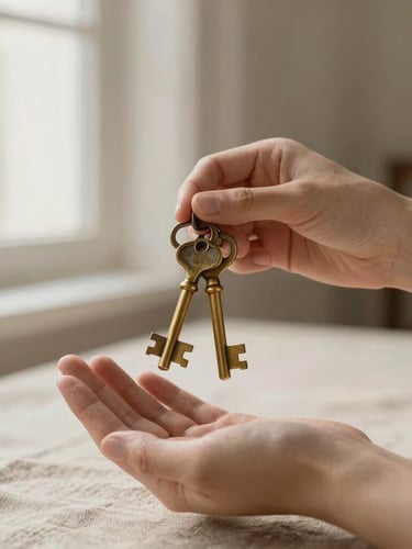 Close-up of hands holding a set of vintage brass keys over a warm linen fabric background, soft morning window light, elegant editorial photography, 35mm lens.