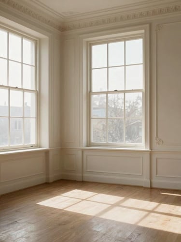 Wide environmental shot of a sunlit, clean, empty room with beautiful architectural details, soft morning window light, warm editorial photography, 35mm lens