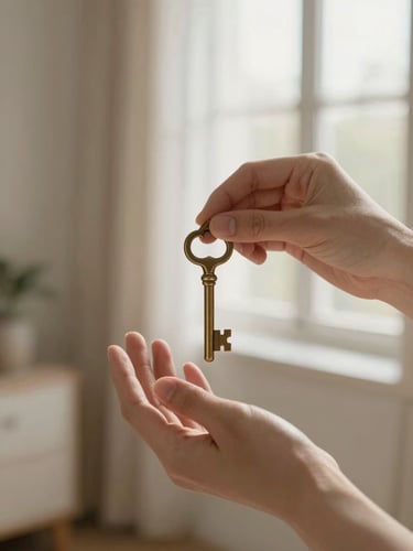 Close-up of hands gently holding an old brass key, warm morning window light, soft focus neutral background, editorial photography