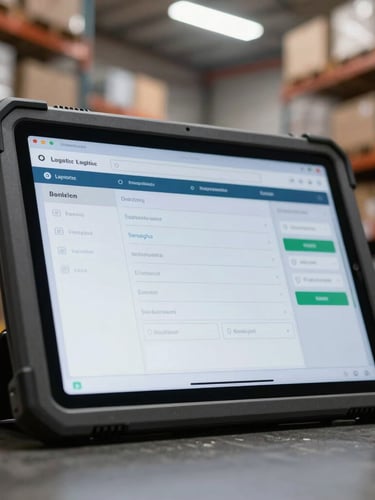 Tight macro shot of a ruggedized tablet displaying logistics software in a warehouse, warehouse racks blurred in background, cool fluorescent lighting.
