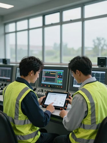 Wide environmental shot, industrial control room, two systems engineers in high-visibility gear reviewing schematics on a ruggedized tablet, cool overcast daylight filtering through high windows.