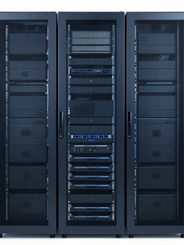 Straight-on architectural shot of high-end IT hardware in clean server racks, cool blue and slate gray tones, sharp focus, crisp studio lighting