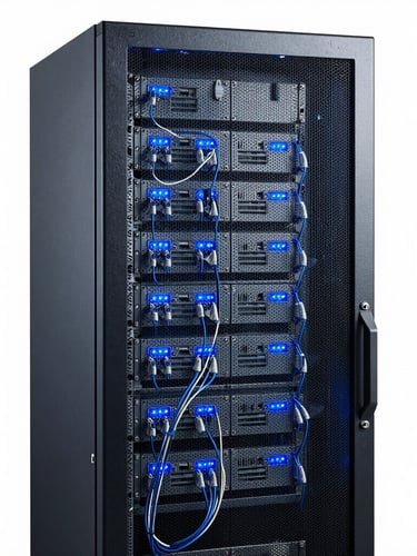 Crisp commercial photography of a high-end IT server cabinet with clean cabling and glowing blue status lights, straight-on architectural framing, cool slate tones.