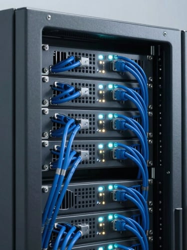 Crisp commercial photography of a high-end IT server rack, organized blue cabling, glowing indicator lights, clean studio lighting, cool slate-gray tones, sharp focus.