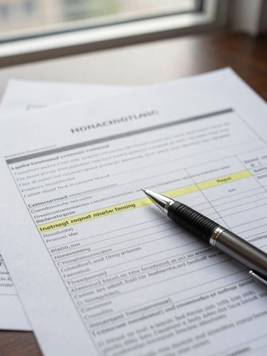 Close-up of annotated loan documents spread across a desk in natural window light, a pen resting on a highlighted interest rate row, crisp office daylight, documentary framing from slightly above