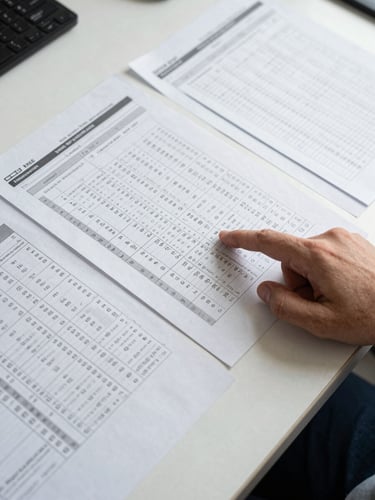 Wide overhead view of a desk with multiple printed rate comparison sheets laid side by side, a hand pointing to a column of interest rate figures, cool overhead office lighting, precise documentary framing
