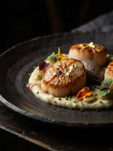 Prato autoral de vieiras seladas com finalização em pó de ouro, em close-up, luz direcional dramática, fundo escuro texturizado, alta gastronomia japonesa.
