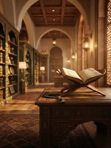 Wide panoramic warm Islamic library, serene atmosphere, soft golden light filtering through wooden screens, open Quran and prayer beads on a carved wooden table, empty space on the left.