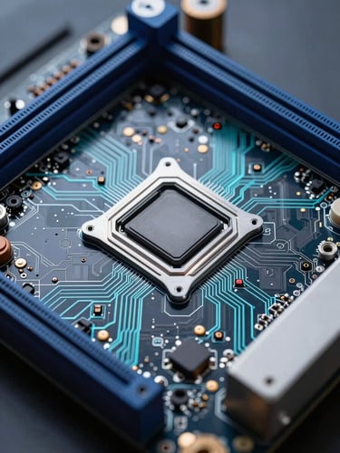 Macro shot of a clean motherboard with electric-cyan trace lines, cool-toned studio lighting, geometric framing, emphasizing precision and cleanliness.