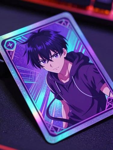 Dynamic close-up of a holographic trading card with neon purple and teal reflections, held over a dark gaming table, sharp anime style