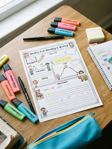 Bright editorial photography of a printed 3rd grade English lesson plan flatlay on a school desk, colorful markers, high-key natural daylight, 35mm