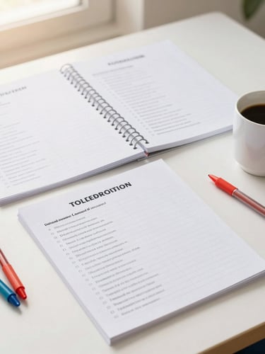 Bright editorial photo of a cheerful teacher's desk with organized lesson plans, colorful pens, and a coffee mug in warm morning light