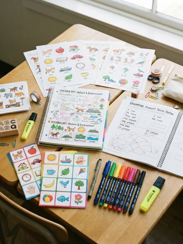 Bright editorial flatlay of printed English lesson plans, colorful markers, and flashcards on a clean wooden desk, cheerful natural classroom daylight, 35mm