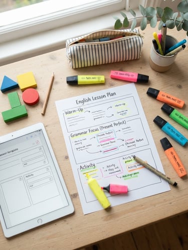 Bright top-down flatlay of a printed English lesson plan with colorful highlighters, geometric wooden blocks, and a tablet showing a PDF template, cheerful natural daylight