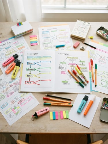 Top-down flatlay of printed English lesson plans for sixth grade, colorful markers, clean high-key natural daylight, 35mm