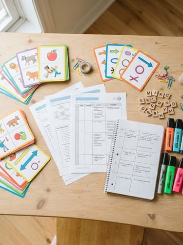Bright editorial photography, cheerful natural classroom daylight, top-down flatlay of printed English lesson plans, colorful markers, and flashcards on a light wooden table, 35mm