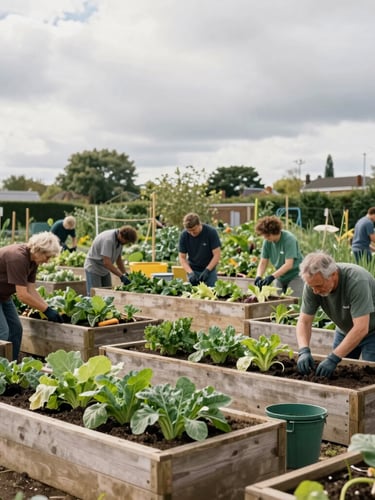 Wide environmental shot of a community garden in East London under soft, overcast daylight. Local volunteers of diverse ages are planting vegetables together in raised wooden beds, candid and unposed.