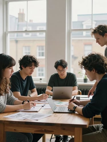 Candid environmental shot of a creative team collaborating around a wooden table in a bright, naturally lit London studio, soft overcast daylight through large windows, focused and collaborative mood