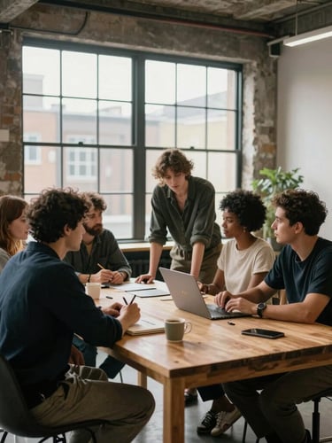 A medium environmental shot of a diverse creative team collaborating around a wooden table in a naturally lit, airy London studio with large industrial windows.
