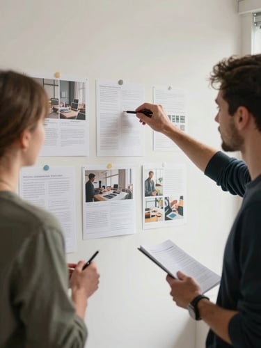 A candid environmental shot of a UK creative team discussing campaign layouts on a wall in a bright, natural-light studio, soft diffused daylight.