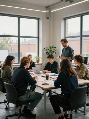 Wide environmental shot of a modern UK creative studio, diverse team collaborating around a table with soft, natural overcast light from large windows, authentic and unposed.