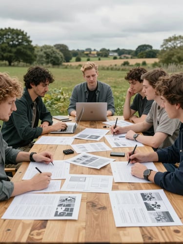 A wide environmental shot of a UK creative team collaborating around a timber table in natural, diffused overcast daylight, layouts and campaign blueprints visible.