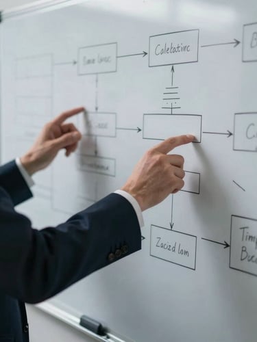 Professional hands gesturing over a whiteboard covered in flowcharts and diagrams, high-contrast directional light, deep navy and cool gray tones, 50mm lens, professional