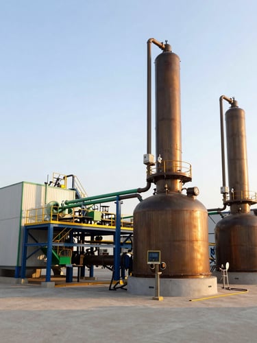 Wide shot of a modern pyrolysis facility at golden hour, showing industrial equipment and a clean, organized production area, subtle green accents, natural daylight.