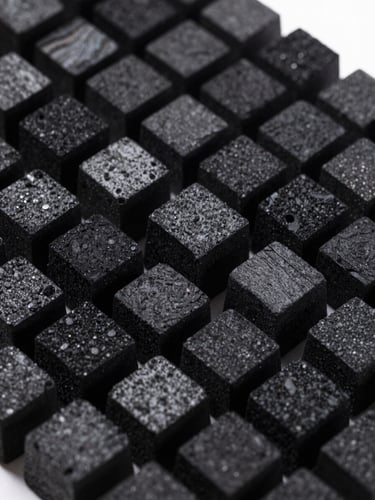 Macro shot of uniform, high-density charcoal briquettes, rich black color, arranged neatly under studio lighting, showing texture and quality.