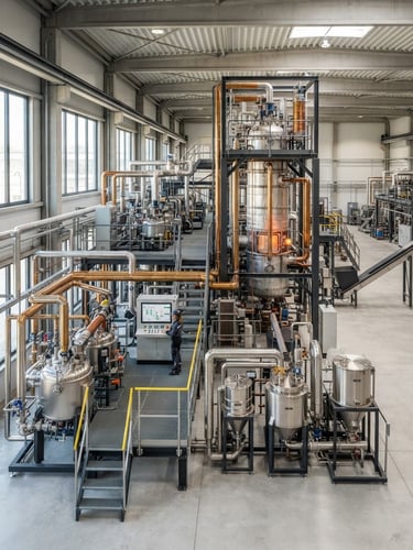 Wide shot of a modern, clean pyrolysis facility with controlled processing equipment, natural daylight, technical industrial photography