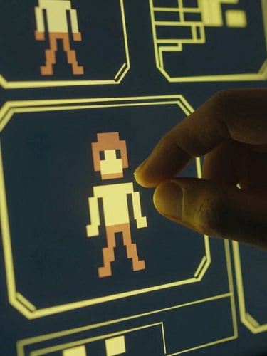 Macro close-up of a developer's hand adjusting a 2D game character sprite on a high-end monitor, glowing yellow neon highlights, dark cyber-industrial setting