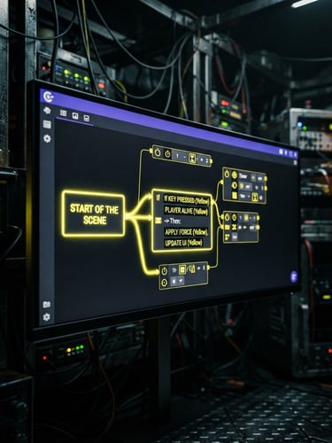 Sleek GDevelop event sheet on a high-end monitor, dark cyber-industrial setting, sharp hazard-yellow neon accents, macro lens, 35mm